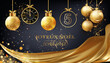 carte ou bandeau pour souhaiter un joyeux Noël et une bonne année 2025 en or et noir composé de boules de Noël et d'une horloge en dessous un drapé  or des ronds en effet bokeh sur un fond noir