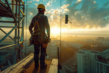 Wall Mural - construction engineer worker at heights,architecture sci-fi construction working platform on top of building, suspended cables, fall protection and scaffolding installation.