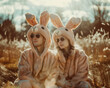 © Santijago - Young couple sitting in a nature in easter bunny costumes.