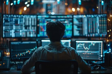 Poster - Crypto expert analyzes market trends on multi-screen setup for successful trades.