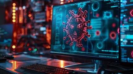 Poster - A hacker's lair, lit only by the glow of a monitor displaying lines of blue code and a flashing red virus alert, surrounded by cyber security icons.