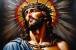 Ölgemälde der Leidensgeschichte Jesu Christi -  Dornenkrone auf Vintage-Leinwand. Gold, Schwarz, Blau, Rot und Grau