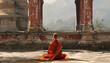 Buddhist nun in a tranquil meditation posture at a secluded monastery - representing the ascetic life and profound spirituality of Buddhist nuns.