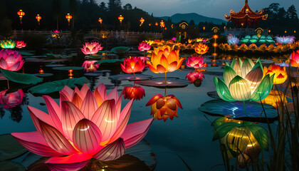 Poster - Lotus lanterns illuminating a Buddhist festiv