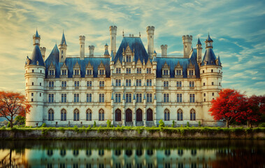 Canvas Print - Old castle with reflection on the lake created with Generative AI technology