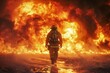 the heart-pounding moment of a fearless firefighter sprinting towards massive flames