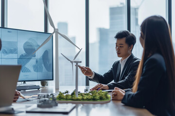 professional of East Asian ethnicity gesture towards a small model of a wind turbine and a solar cell array placed on the meeting table