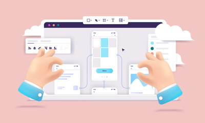 Fototapete - Design prototype work - Laptop screen with hands working in wireframe and prototyping software. UX design concept in flat design, front view vector illustration