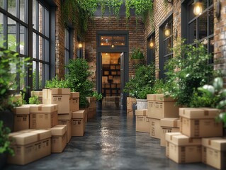 Shipped boxes near green entrance, home delivery concept