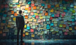 A picture of man standing in front of a wall covered in sticky notes, back view, creative concept of strategic business planning, organization of thinking.