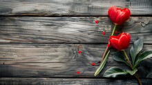 Romantic Red Tulips On Rustic Wood Background: Two Flowers With Heart Shapes On A Textured Wooden Backdrop