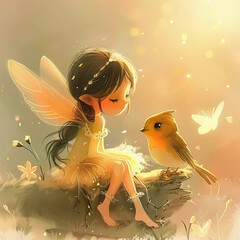 Wall Mural - Beautiful little fairy with a bird. Cartoon illustration for children's book