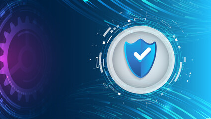 Poster - Abstract high tech background. Data security system, information, or network protection. Cyber security and data protection. Shield icon, future technology for verification.