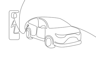 Vector electric car concept. Single line draw graphic illustration.