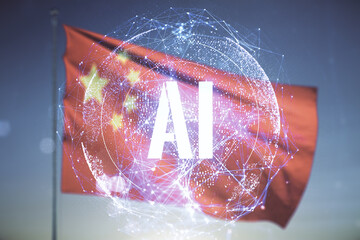 Poster - Double exposure of creative artificial Intelligence icon on flag of China and sunset sky background. Neural networks and machine learning concept
