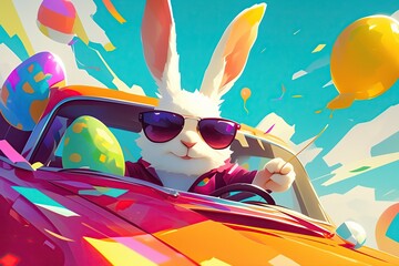 Wall Mural - A cool white Easter bunny in sunglasses brings the holiday and Easter mood, decorated eggs and balls on a sports car