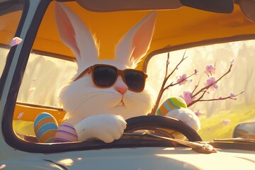 Wall Mural - A white Easter bunny with a serious look in sunglasses carries decorated Easter eggs and blooming peach branches on a car under the warm spring sun. Easter concept