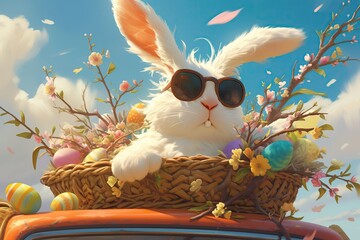 Wall Mural - A white fluffy Easter bunny in sunglasses rides in a basket with decorated Easter eggs and spring blooming apricot branches on the roof of a car. Easter concept