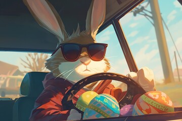 Wall Mural - A cool Easter bunny with a serious look in sunglasses is carrying decorated Easter eggs in a car. Easter concept