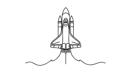 Poster - One continuous line drawing of simple retro spacecraft flying up to the outer space nebula.