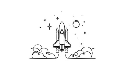 Poster - One continuous line drawing of simple retro spacecraft flying up to the outer space nebula.