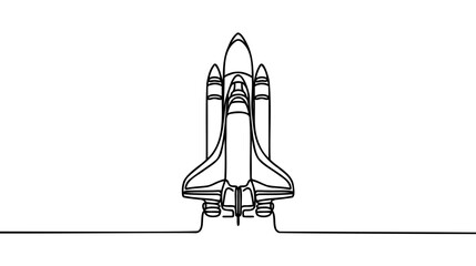 Poster - One continuous line drawing of simple retro spacecraft flying up to the outer space nebula.