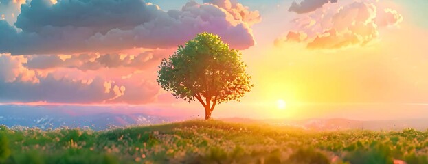 Wall Mural - panorama small tree growing with sunrise. green world and earth day concept 4K Video