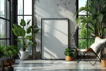 Wall Mural - Modern interior with large windows showcasing greenery and stylish decor in an urban setting during daylight hours