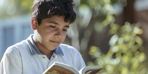 Wall Mural - Latino teenager, boy reading a book 