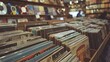 © doraclub - A warm, nostalgic scene inside a vintage record store, showcasing rows of vinyl records with a bokeh of album art in the background.