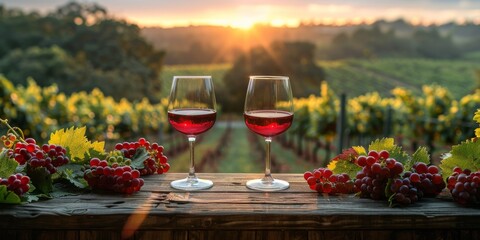 Canvas Print - red wine glasses at farm house vineyard countryside