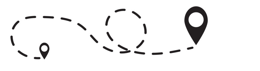 Poster - route location icon, three map pin sign and road or path, start and end journey symbol, black color 