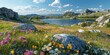 An awe-inspiring alpine landscape with a serene lake, majestic mountains, and colorful wildflowers in bloom.