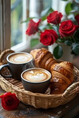 Wall Mural - Two cappuccino cups on table, wicker basket with croissants, red rose flower, steam from cups, Provence style