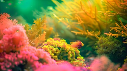 Canvas Print - Vibrant underwater coral reef scene with sunlight. a diverse ecosystem teeming with marine life. ideal for nature backgrounds. AI