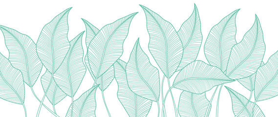 Wall Mural - Tropical leaves wallpaper, Luxury nature leaf pattern design, botanical foliage lines. Hand drawn outline fabric, print, cover, banner and invitation,