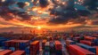 The sun sets in the background as a vast group of cargo containers stand out in the foreground