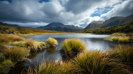 Wall Mural - Serene mountain lake landscape with cloudy sky and lush greenery, perfect for wallpapers and nature themes. AI