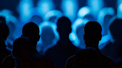 A group of people are watching a show or presentation on a stage. The people are all backlit, so they are only visible as silhouettes.