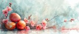 Fototapeta  - Boho Easter background. Soft natural pastel easter eggs and cherry blossom flowers still life arrangement with copy space. Festive spring happy holidays greeting card, invitation or banner backdrop.