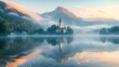 Lake Bled in the morning with Church and mountain, Beautiful foggy morning landscape.