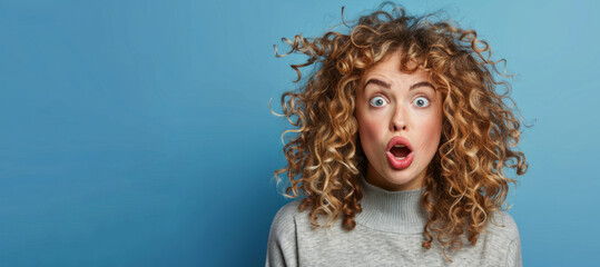 Wall Mural - Portrait of surprised curly woman biting her lips and looking with wide open eyes with a curious expression, wearing a casual gray jumper, isolated on blue background. Human facial expression concept