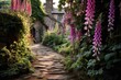 Overgrown cobbled pathway flanked by foxgloves