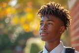 Fototapeta Londyn - a handsome happy african teenager boy wearing summer school uniform on her way to school