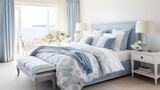 Fototapeta  - Jasna przytulna błękitna sypialnia w stylu hampton - mockup obrazu na ścianie. Niebieskie, błękitne i białe kolory wnętrza. Render 3d. Wizualizacja
