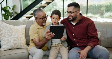 Poster - Father, grandparent and boy with tablet on sofa in living room of home together for visit. Family, technology or social media app with grandfather, dad and son in apartment for education or game