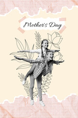 Sticker - Creative image composite photo collage of daughter sit on mothers back hold hands like wings have fun isolated on drawn background