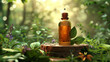 Herbal essential oil or water dripping from natural realistic fresh leaf into a glass oil bottle on a wooden podium isolated on a forest green background. Closeup.