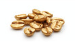 Close-up view of roasted golden color caffeine coffee beans on a white background. Luxury gold cafe seeds concept.