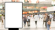 mock up billboard with frame on blur background of modern city with  crowded people walk to announcements and advertisement product or content for marketing concept